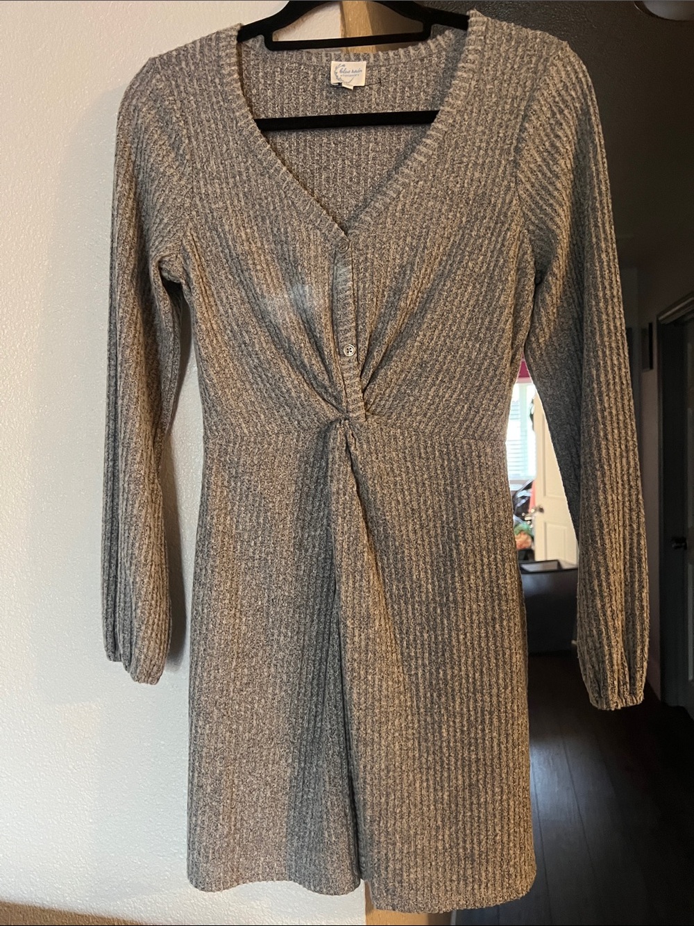 Blue Rain Gray Ribbed Long-Sleeve Twist Front Dress